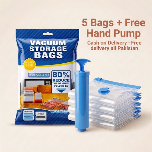 Vacuum Storage Bags with Hand Pump – Space Saving Clothes & Bedding Organizer Bags | Pack of 5